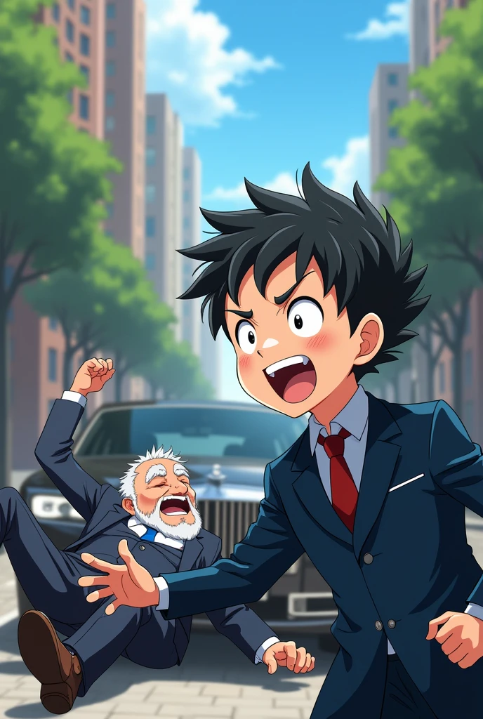 One anime boy laughing at rich guy because of he fall from car