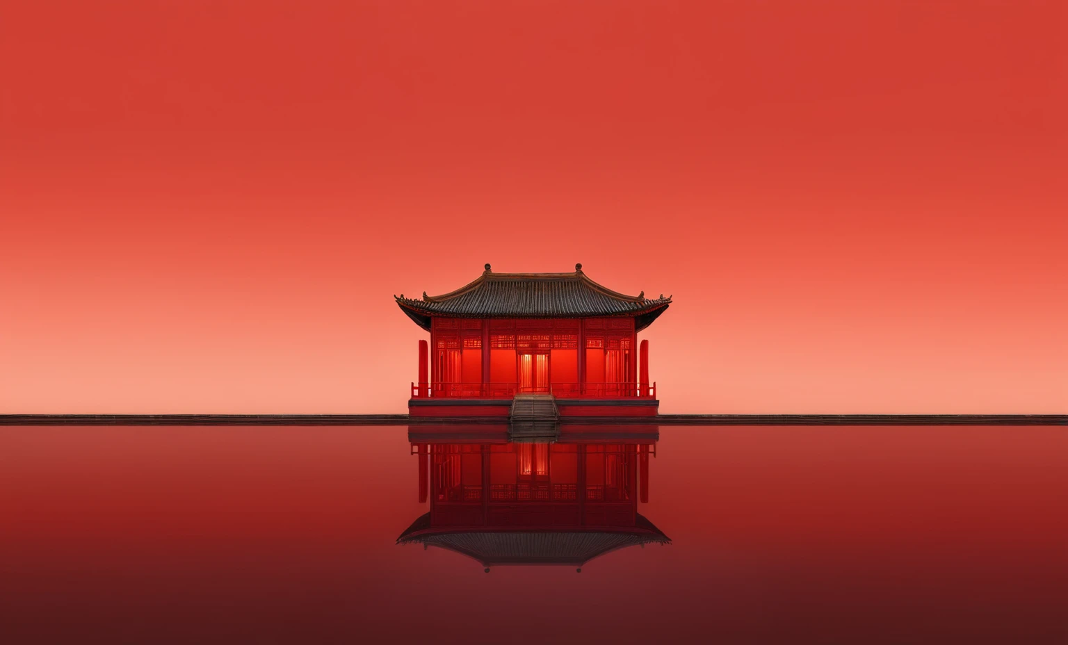 Reflection of red building, zen Temple Background, Quiet,mystery;More complex and concise details; Depicting the background of the temple, Temple Background, Chinese Architecture, red reflections, Chinese Palace, Chinese Architecture, Palace on the water, Beijing, Chinese, 3840x2160, 3840 x 2160;Ultra-clear quality。
