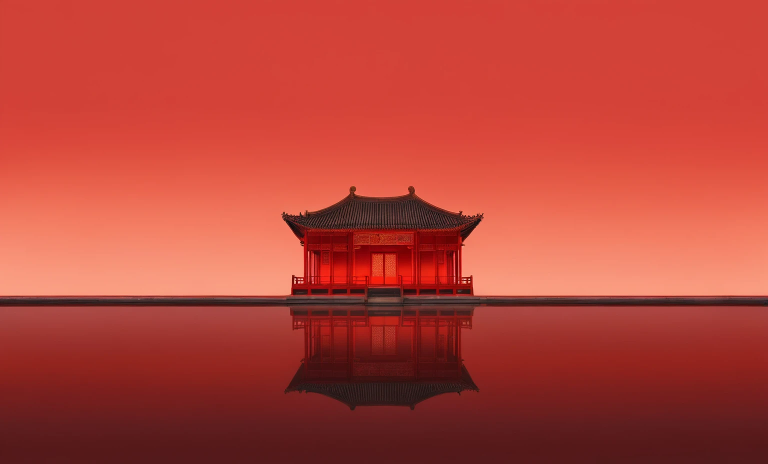 Reflection of red building, zen Temple Background, Quiet,mystery;More complex and concise details; Depicting the background of the temple, Temple Background, Chinese Architecture, red reflections, Chinese Palace, Chinese Architecture, Palace on the water, Beijing, Chinese, 3840x2160, 3840 x 2160;Ultra-clear quality。