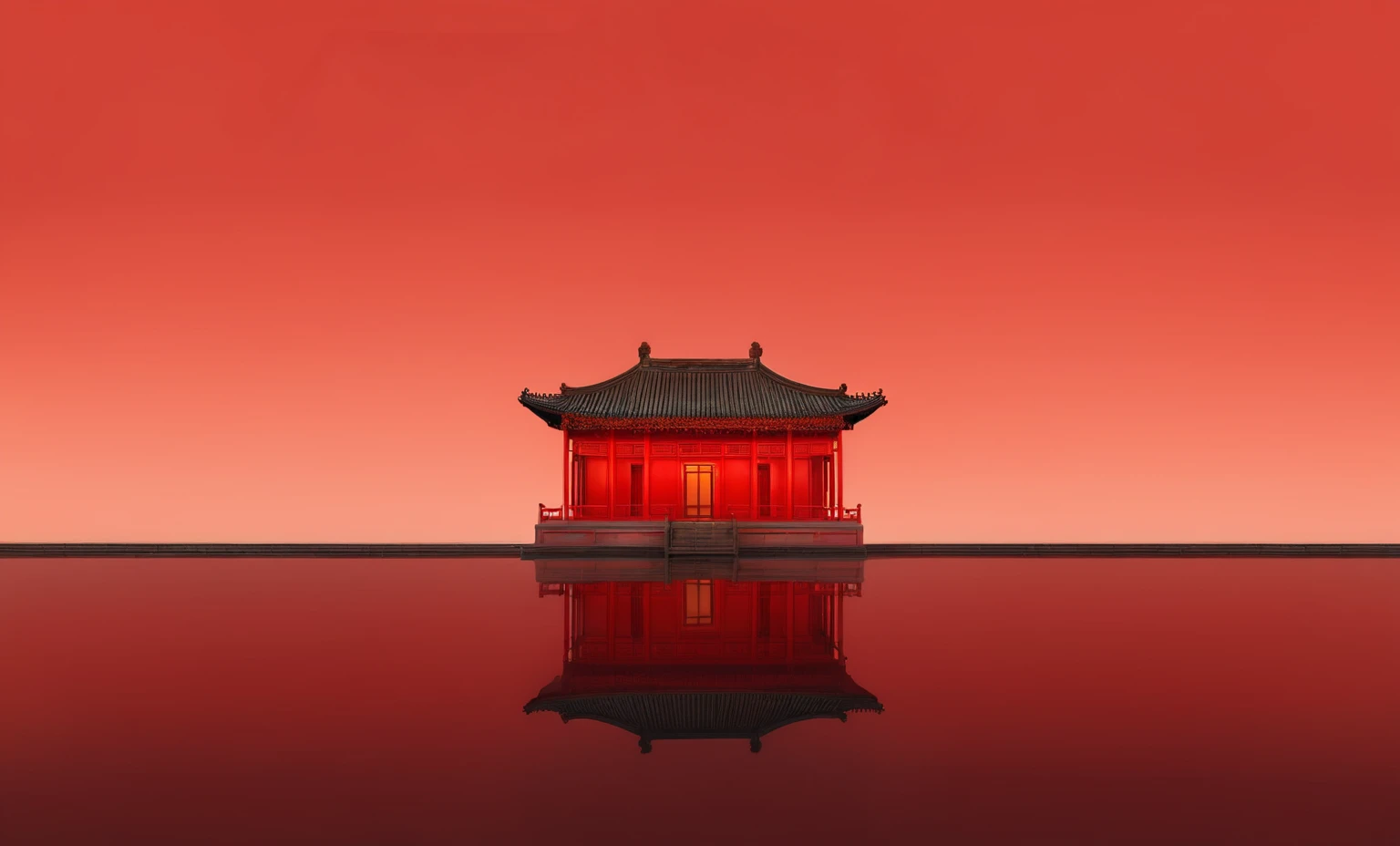 Reflection of red building, zen Temple Background, Quiet,mystery；More complex and concise details； Depicting the background of the temple, Temple Background, Chinese Architecture, red reflections, Chinese Palace, Chinese Architecture, Palace on the water, Beijing, Chinese, 3840x2160, 3840 x 2160；Ultra-clear quality。