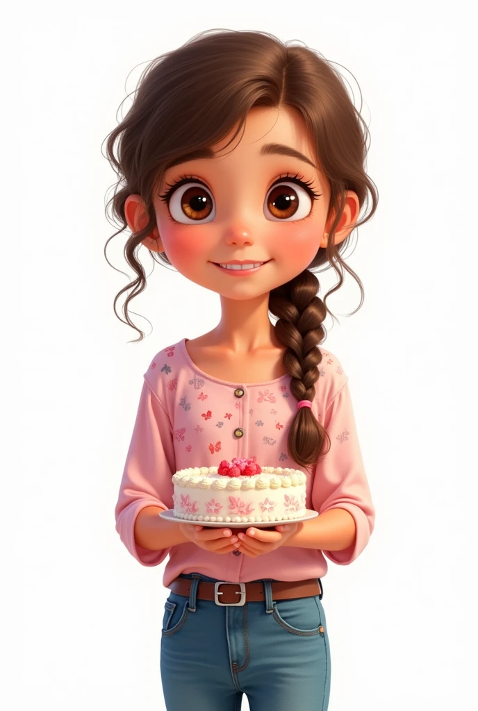 Disney-like image of a girl with big brown eyes, curly hair tied in a braid, holding a cake. She wears jeans and a pink blouse with a butterfly print.. There is a sign that says congratulations from Abigail Carbajal. The background of the image is white