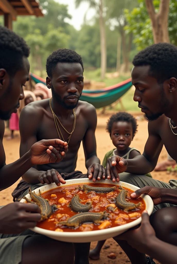 Un repas dans un ferme en Côte d'Ivoire, 3 hommes noirs mangent avec les mains dans un plat commun contenant un écureuil dans la sauce et des chenilles. Un jeune homme blanc est dégouté. Une fille noire de 8 et une jeune fille noire de 24 ans se reposent juste à côté dans des hamacs.