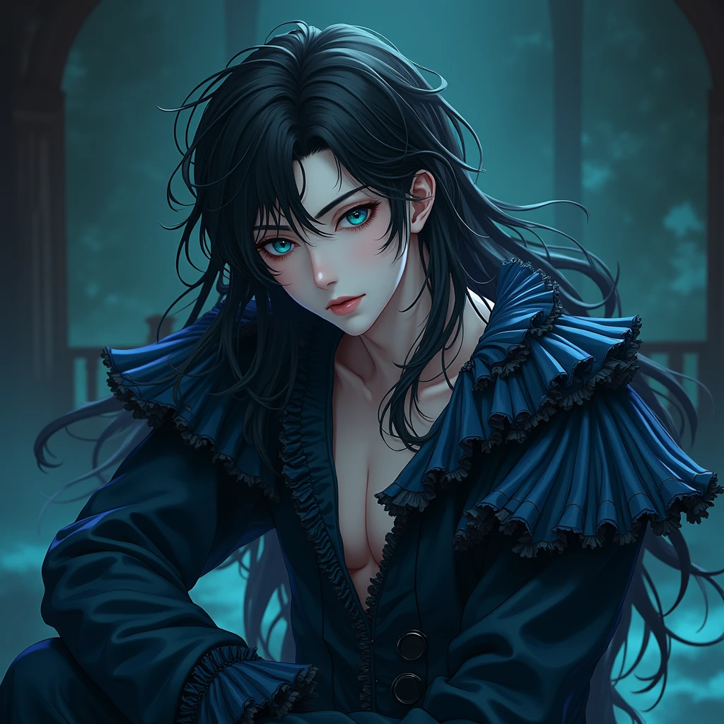 Long black hair. Teal blue eyes, Male, Blue and black frilly gothic clothes, Surrealism, Sexy, Masterpiece, Shiny, Gloomy effects, 8k, super detail, Shiny, Beautifully detailed, Pretty drawn. Anime style. Sexy pose, hot. Seductive pose. Anime style.