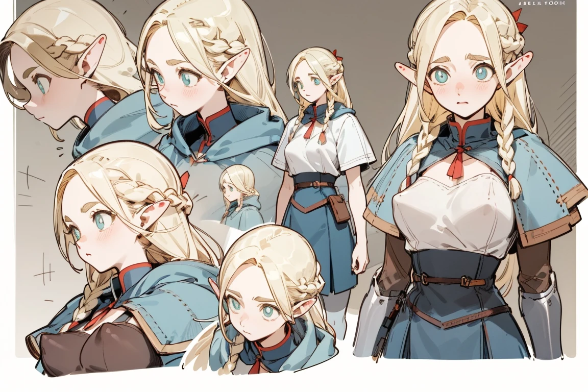 stockings,pantyhose,armor,White top,Stylish leather shoes, Pop Color,Erect nipples, (whole body,Character design sheet,front,return,~ side,same characters),Long blonde hair,Thick eyebrows, Bust and waist,Beautiful blonde,(masterpiece),((Highest quality)),(Very detailed),(Beautiful eyes Beautiful details Eyes,Clean and delicate face,Five Fingers,Textile shade,Anatomical perfection)