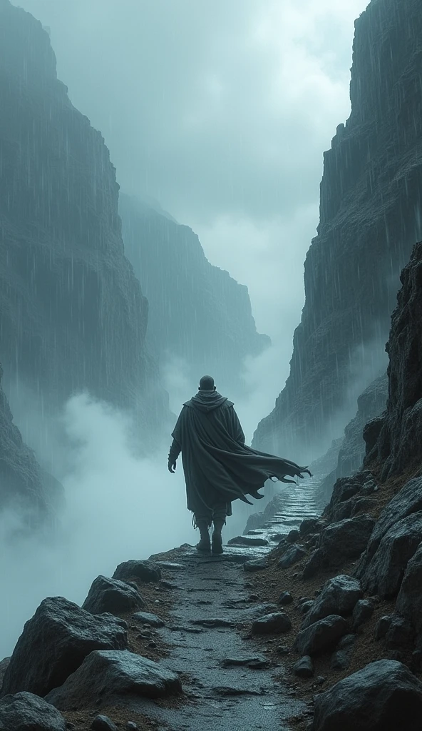 A person standing on a rocky mountain path, facing strong winds and stormy weather, but with a determined look, symbolizing strength gained through challenges