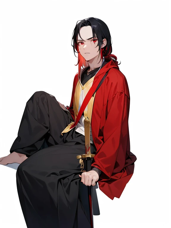 the man is sitting in front of a black background with a sword next to him, weapon, sword, solo, 1boy, red hair, black hair, male focus, red eyes, white background, simple background, holding weapon, sitting, multicolored hair, holding, long sleeves, holding sword