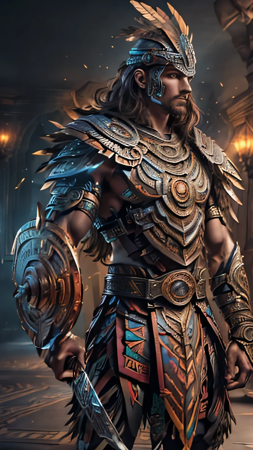 a highly detailed aztec god, long flowing brown hair, light brown skin, bright brown eyes, serious and contemplative expression, muscular physique, blue tribal tattoos, ornate headdress, aztec style armor, holding a sword and shield, contemplating the sunrise, (best quality,4k,8k,highres,masterpiece:1.2),ultra-detailed,(realistic,photorealistic,photo-realistic:1.37),dramatic lighting,intricate details,dynamic pose,vibrant colors