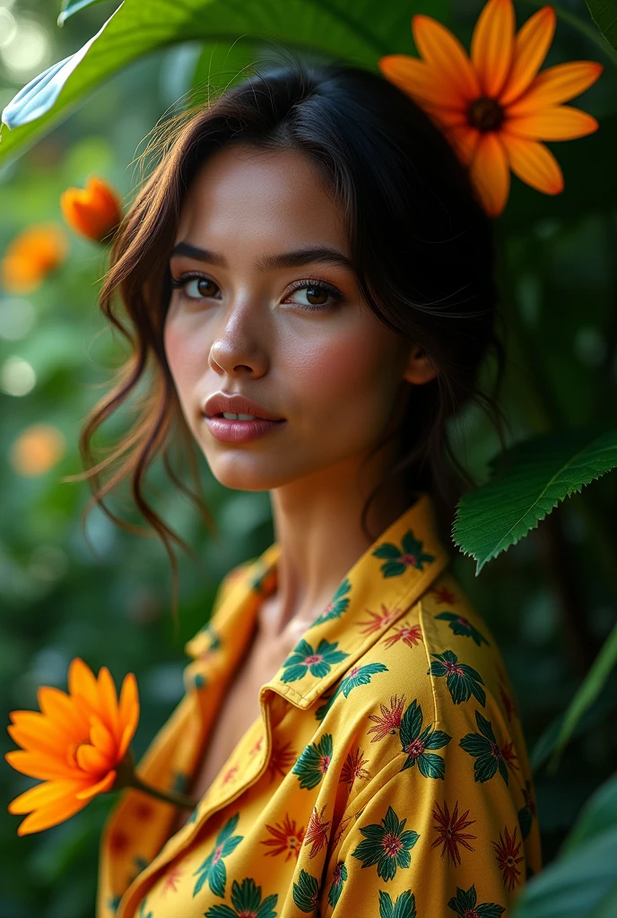 A Brazilian woman in a lush tropical garden, wearing an open shirt with a floral print, with a close-up capturing the harmonious beauty between her breasts and the natural flowers, showing off your natural charm and outgoing personality.