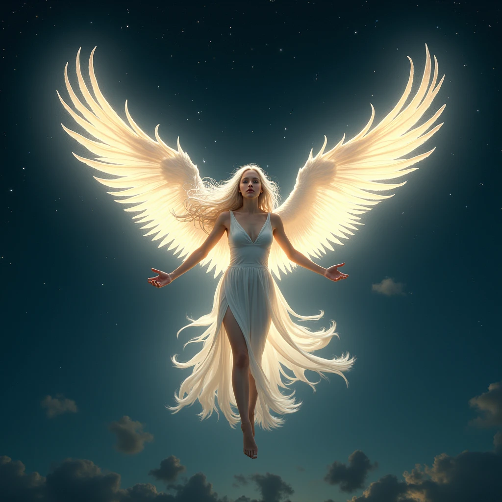 A girl with long white hair,She will be flying in the sky, she will be a phoenix and a strong light will come out of her,I want the dark sky,I want the image to have an air of rebirth like the phoenix,I want her to be beautiful like a model