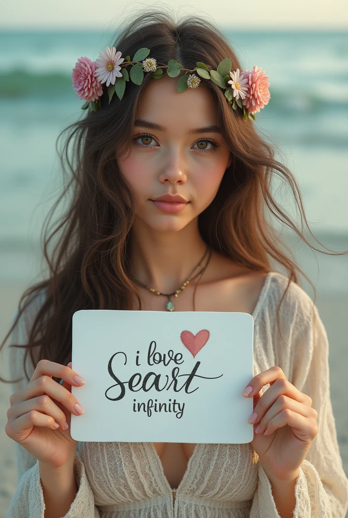 Beautiful girl with wavy long hair, bohemian dress, holding a white board with text "I Love Seaart Infinity" and showing it to the viewer