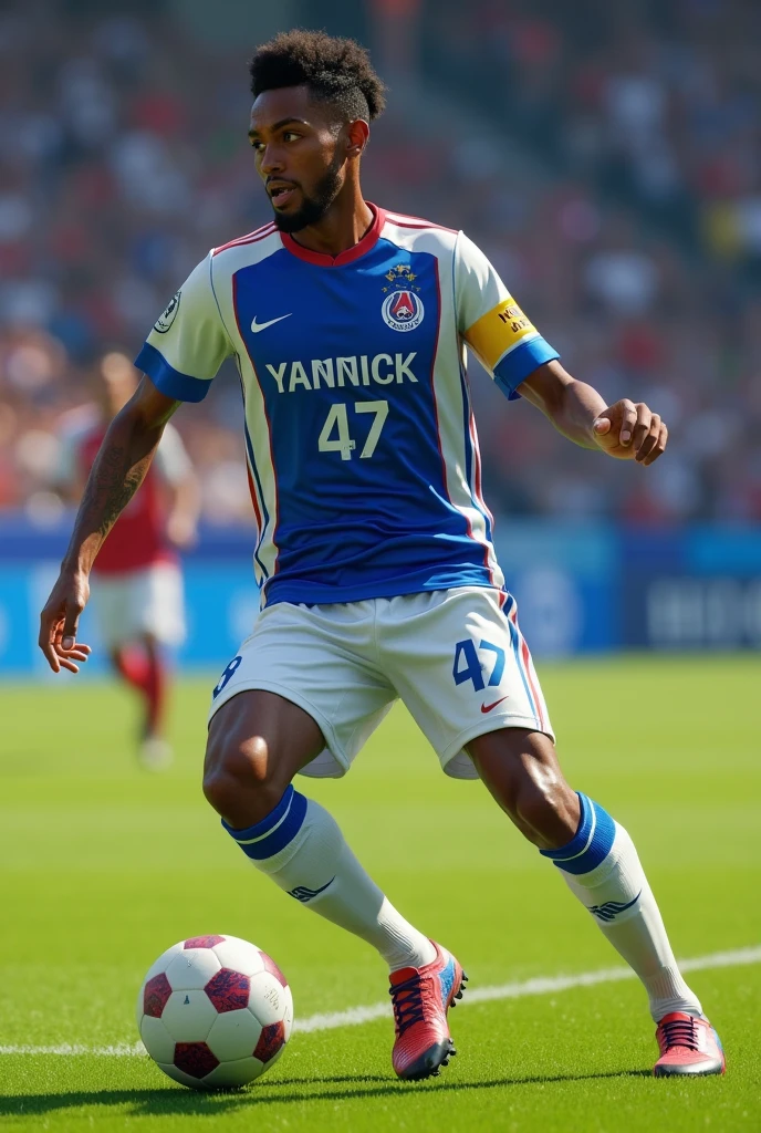 A man is playing soccer on the field, wearing a jersey with the name Yannick and the number 47.