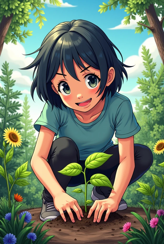 Give me a manga-style image actively caring for the environment by planting something and transmitting some feeling 