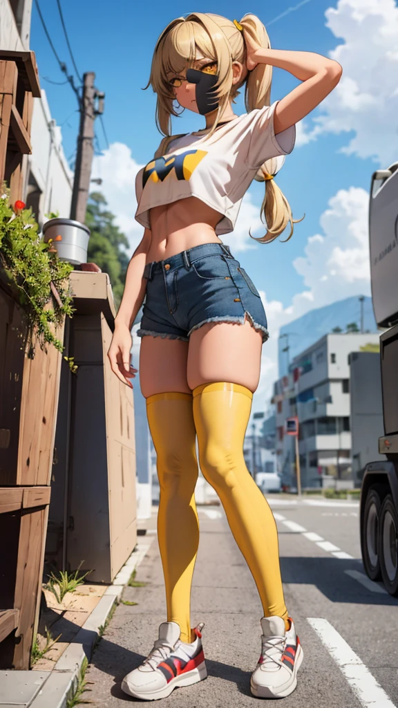 1girl, solo, long hair, breasts, looking at viewer, blush, bangs, shirt, twintails, very long hair, hair ribbon, (yellow eyes:1.3), low twintails, thighhighs, navel, closed mouth, standing, full body, white shirt, short sleeves, thighs, outdoors, shoes, shorts, day, hairclip, midriff, black thighhighs, stomach, arm up, crop top, short shorts, white footwear, denim, sneakers, blue shorts, denim shorts, hand on own head, crop top overhang, cutoffs