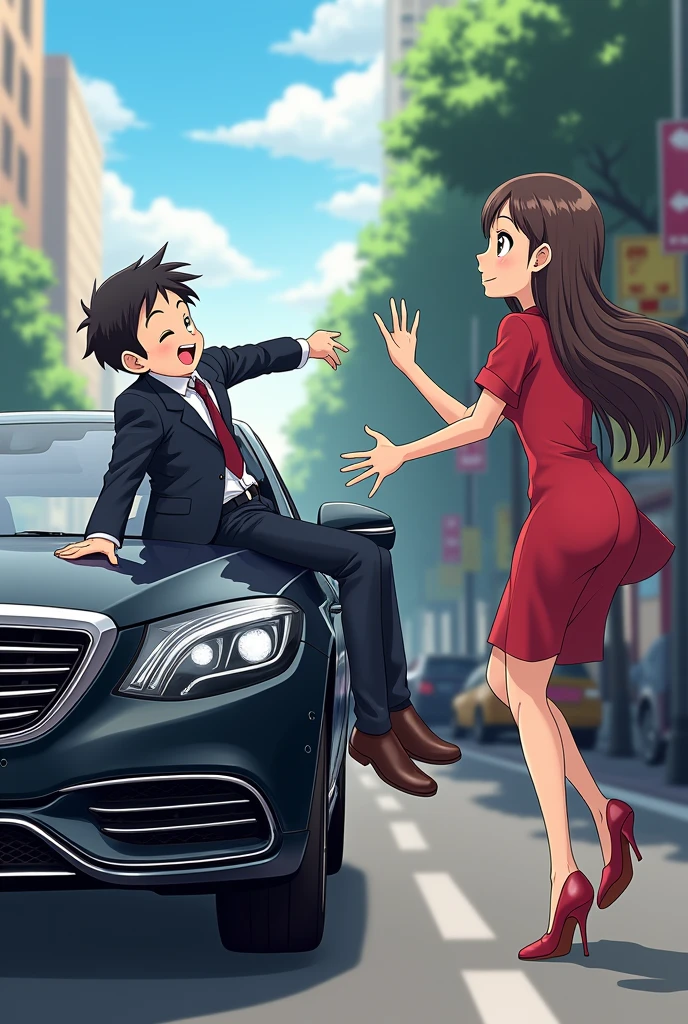 One anime boy laughing at rich guy because of he fall from car and one cute, hot lady came and help him.