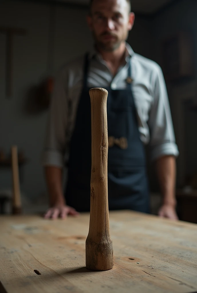 Stick may lean to the table and a man behind it. Make the stick focus. It's a low angle shot