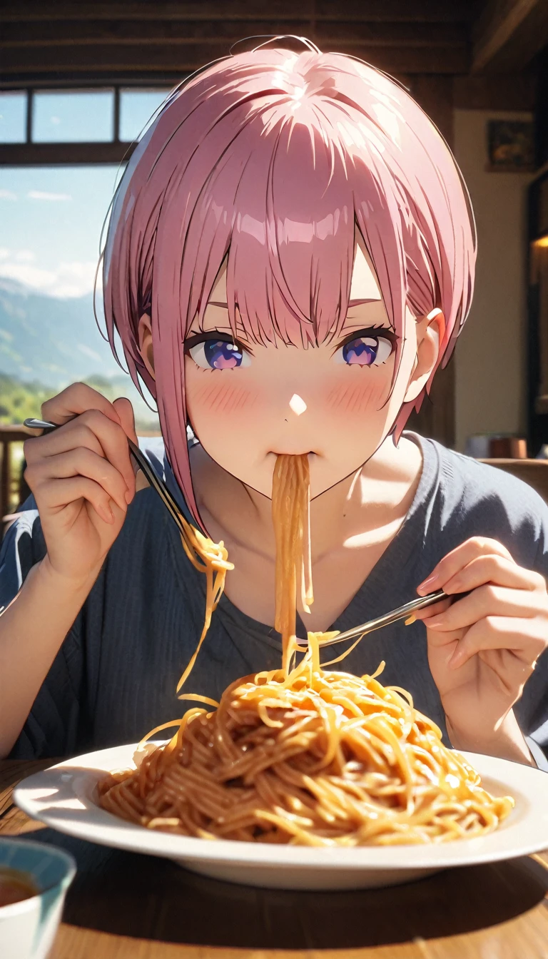 (Highest quality, 4K, 8k, High resolution, masterpiece:1.2), Very detailed, Picturesque, Animated photos, Photo Animation:1.37)、Japanese、(Pink Hair)、(Pixie Cut)、Eating pasta、Nakano Ichika