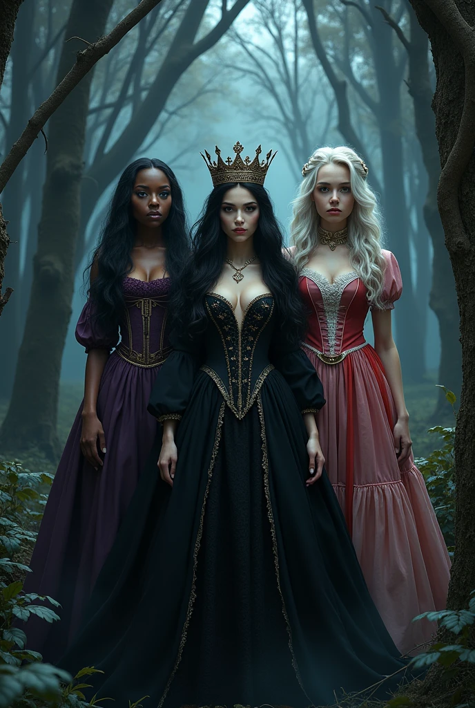 a forest at night. In the center of the image a sensual queen with white skin and long black hair, black medieval dress and crown on head. to her right, a black woman with long, curly hair wearing a frilly red and white medieval dress. On the left a white woman with grey hair and purple medieval dress