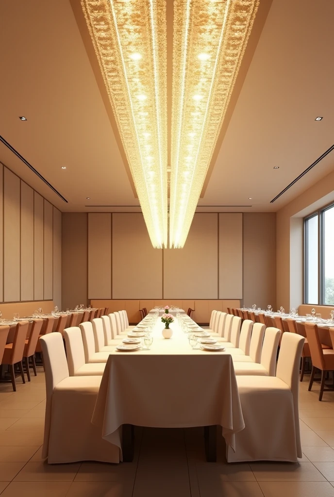 The restaurant tea room is 12 meters long and 6 meters wide. The ceiling is 3.5 meters high, smooth and light in color. On the ceiling is a long rectangular chandelier made of small balls 60 cm wide and square in length. No windows. Rectangular table for 40 persons, with a white tablecloth, cups on the table. Chairs in white covers, Walls without windows, with square