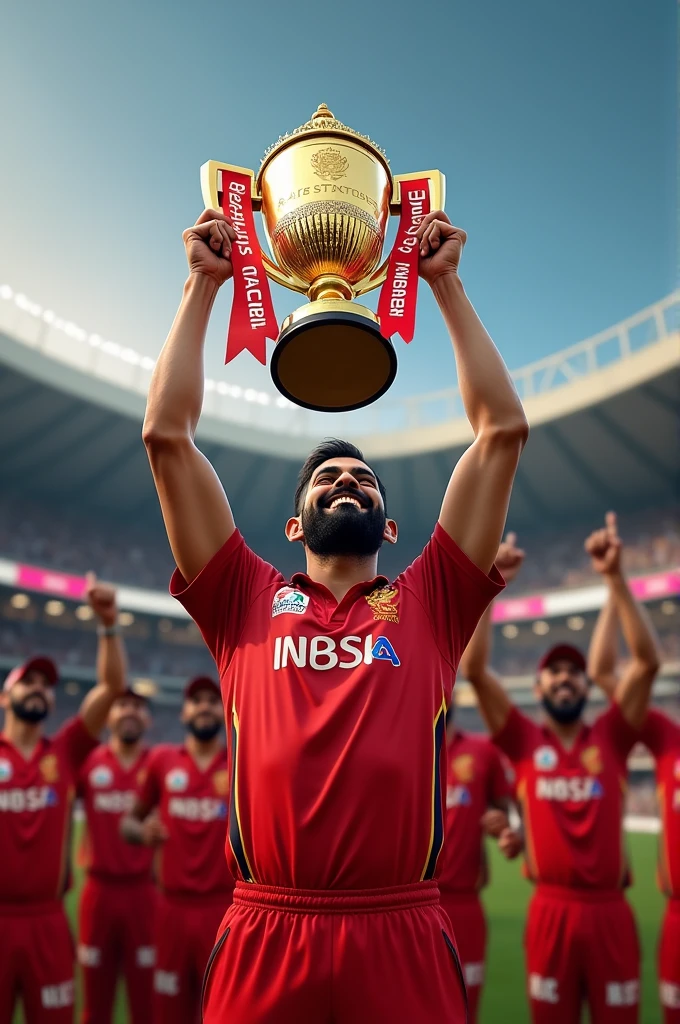 A pic where rcb wins trophy and virat kohli is lifting the trophy
