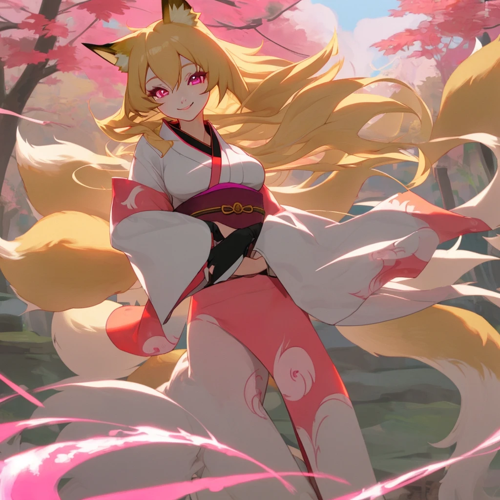 (masterpiece, best quality:1.3), (intricate detailed, cinematic lighting:1.2), 1girl, solo, blonde hair, long hair, blue eyes, fox ears, fox tail, kimono, black thighhighs, shrine, cherry blossoms, sakura blossoms leaves, outdoors, dynamic angle, cloud, dappled sunlight,
