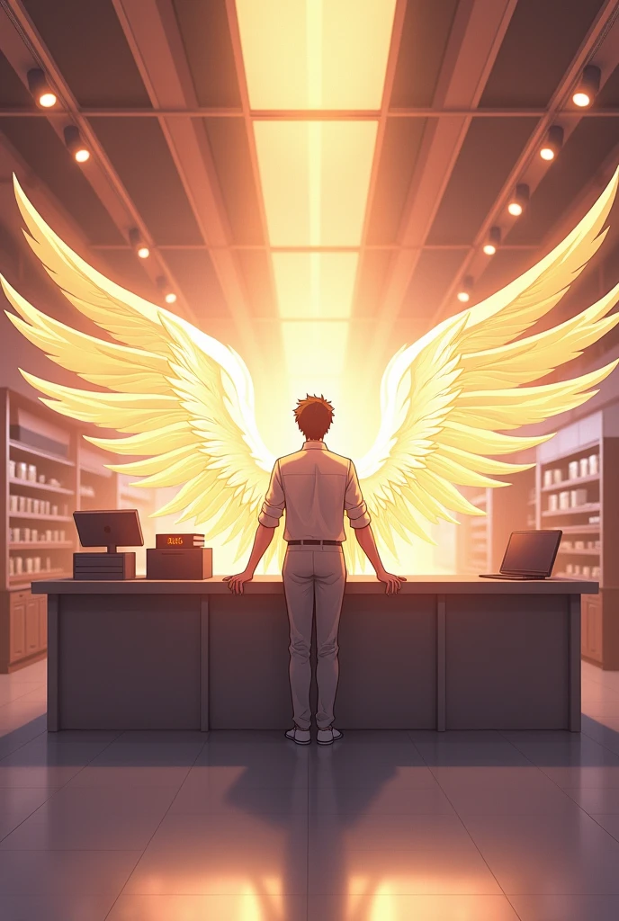 Shop cash counter anime style, one man standing front of cash counter, character every angel, 