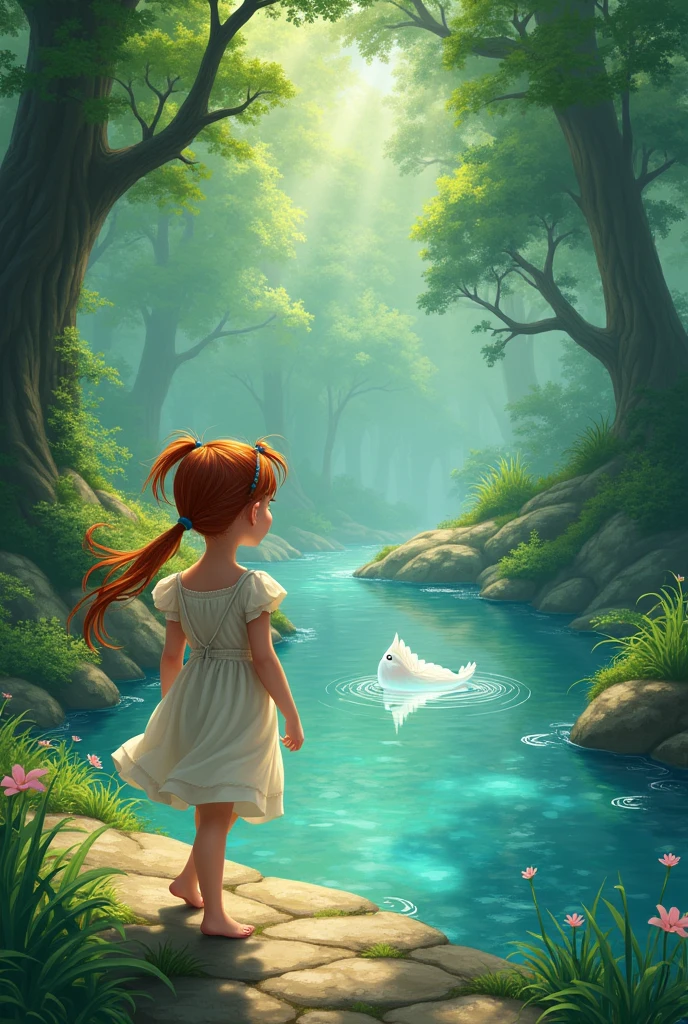 Lily a pigtailed hears a soft humming sound and follows it to a pond.