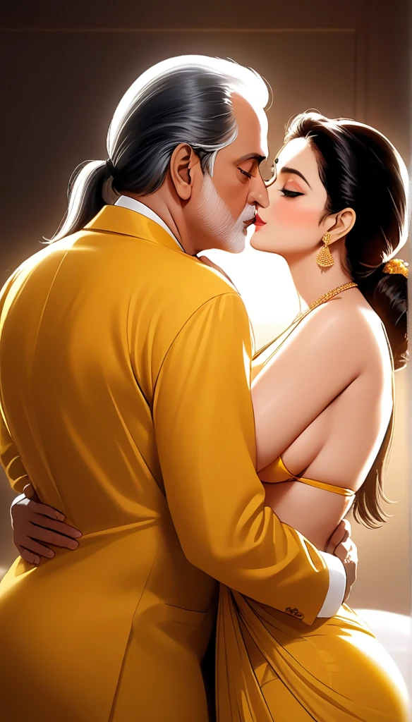 Renowned Indian actress Sridevi Kapoor, 28 years old, wearing a provocative yellow saree, deep french kissing an ugly bald old man on bed, embracing each other, big ass, braless, backless, tassel earrings, long hair ponytail, saggy breasts, photorealistic, highly detailed, cinematic lighting, dramatic pose, sensual, erotic, masterpiece