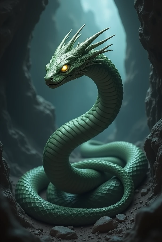 A snake-like creature with reptilian scales and a crown-like crest on its head, slithering through a dark, ominous cave. Its eyes glow with a deadly light, petrifying everything in its path."