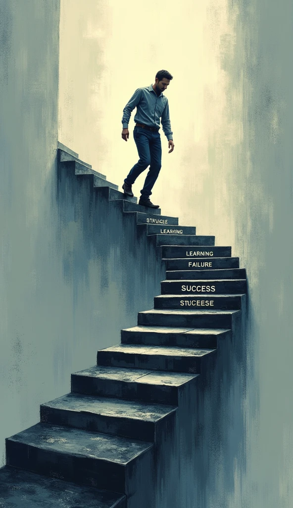 A person climbing a steep staircase where each step has words like "Struggle," "Learning," "Failure," and "Success" written on it, illustrating the journey towards success.