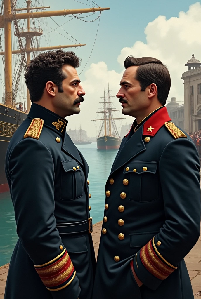 Draw two Russian sailors in the genre of realism ,19th century in the port of Chile. Give them officer uniforms. They are standing together near the ship and discussing something.. Give one of them a big mustache and curly short hair.. The second one is clean shaven and has sideburns..