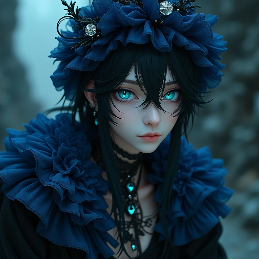 Long black hair. Teal blue eyes, Male, Blue and black frilly gothic clothes, Surrealism, Sexy, Masterpiece, Shiny, Gloomy effects, 8k, super detail, Shiny, Beautifully detailed, Pretty drawn. Anime style. Sexy pose, hot. Seductive pose. Anime style.