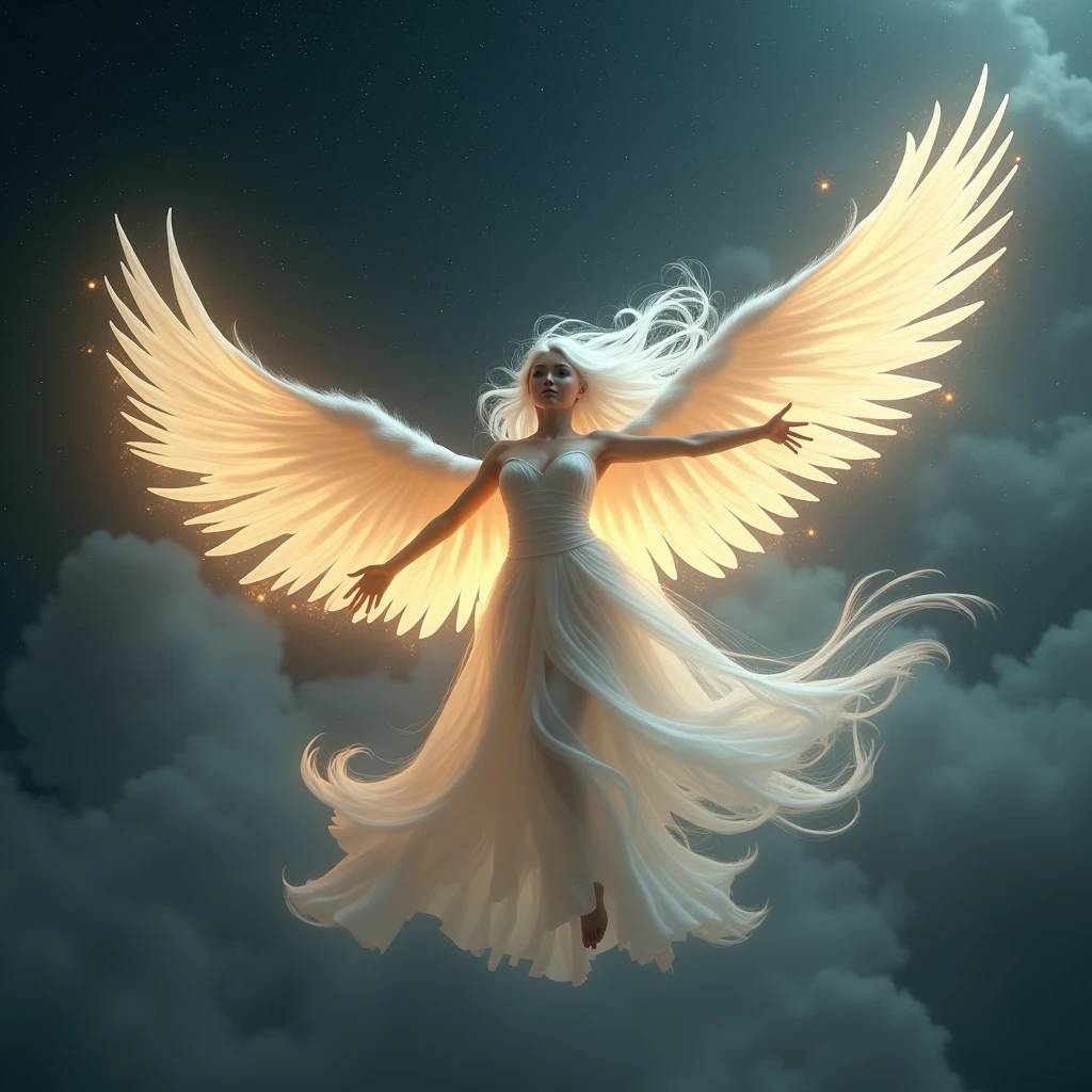 A girl with long white hair,She will be flying in the sky, she will be a phoenix of fire and a strong light will come out of her,I want the dark sky,I want the image to have an air of rebirth like the phoenix,I want her to be beautiful like a model