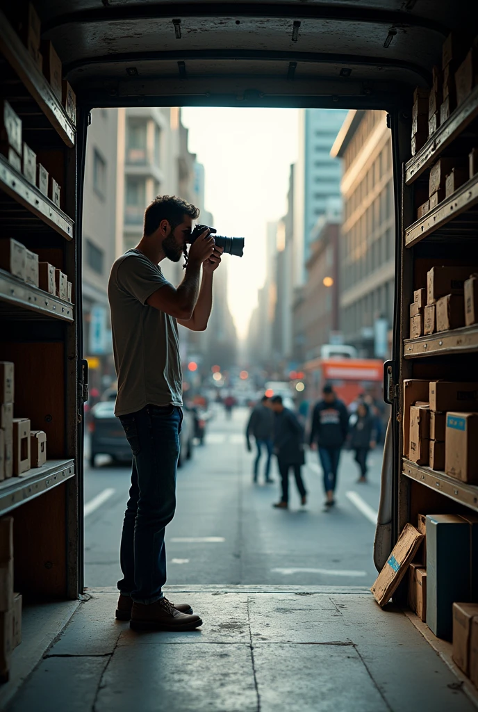 Create a picture of a man, who takes photos with a SLR camera from the cargo area of a delivery van. 