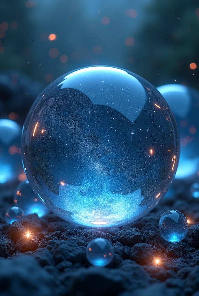 fantasy, Starry Sky in a glass sphere, lot of glass spheres, created by mystical and mysterious light,  (best quality,4k,8k,highres,masterpiece:1.2),ultra-detailed,(realistic,photorealistic,photo-realistic:1.37), hyperrealistic, intricate details, cinematic lighting, dramatic atmosphere, ethereal, mystical, fantasy, concept art