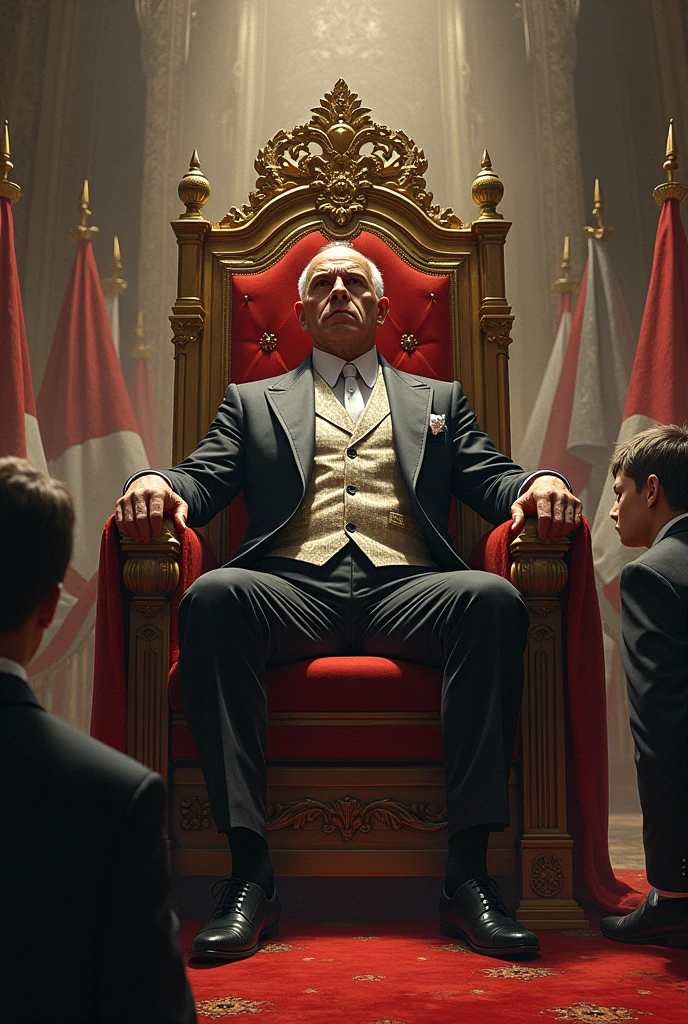 Create an image illustrating a single individual exerting absolute control over a vast array of power. Show this figure seated on an opulent, oversized throne or behind an imposing desk, surrounded by symbols of authority such as elaborate flags, authoritative documents, and various forms of power—military equipment, legal symbols, and economic assets. The figure should exude an aura of dominance, with an expression of calm command, while those around them—officials and citizens—appear submissive or anxious. Use dramatic contrasts and intense colors to highlight the centralization of power and the resulting sense of control and oppression.