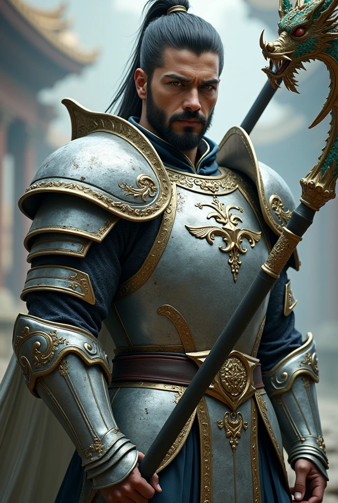 Paladin in silver Asian armor, man 1.78 meters high, brown skin, green eyes, straight black hair, shaved and short mustache and beard. Uses a halberd with the image of a Jade Dragon