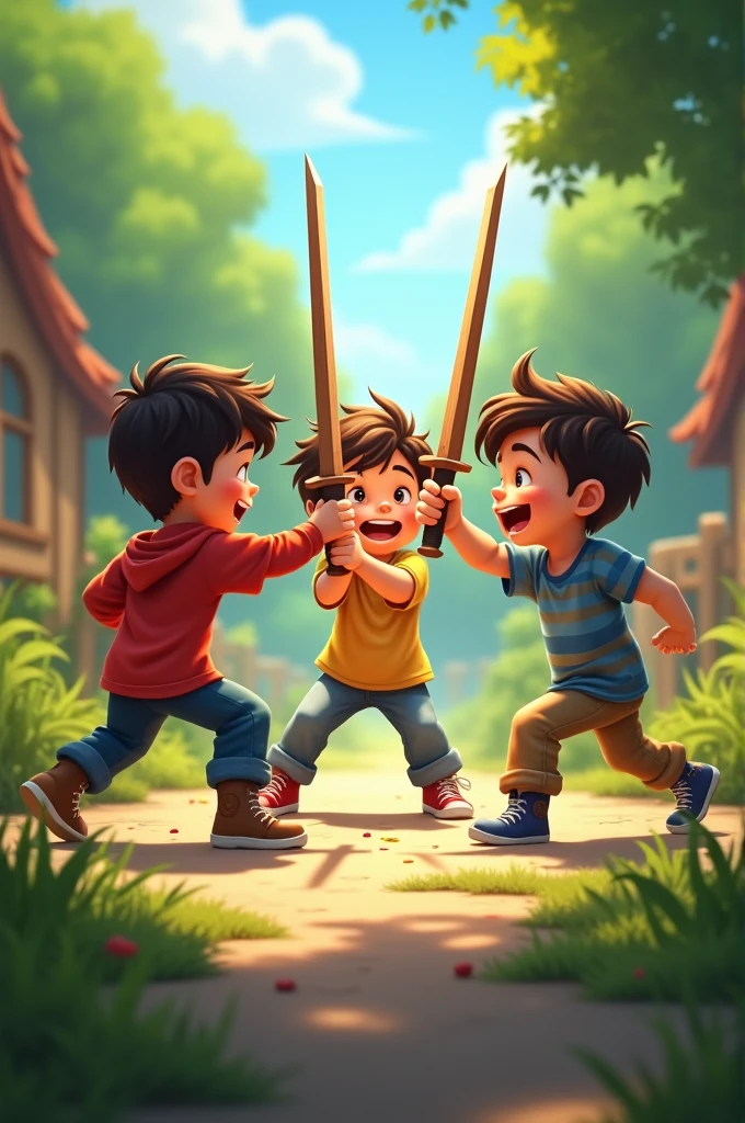 Create 3 boys playing with wooden swords