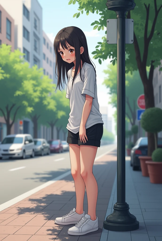 1 long hair、Girl wearing loose white T-shirt and black sports shorts,1 girl goes to the toilet,look away,Standing,Awkward,Face turned red,Keep your mouth shut,on the street corner(Girl is peeing:0.4)