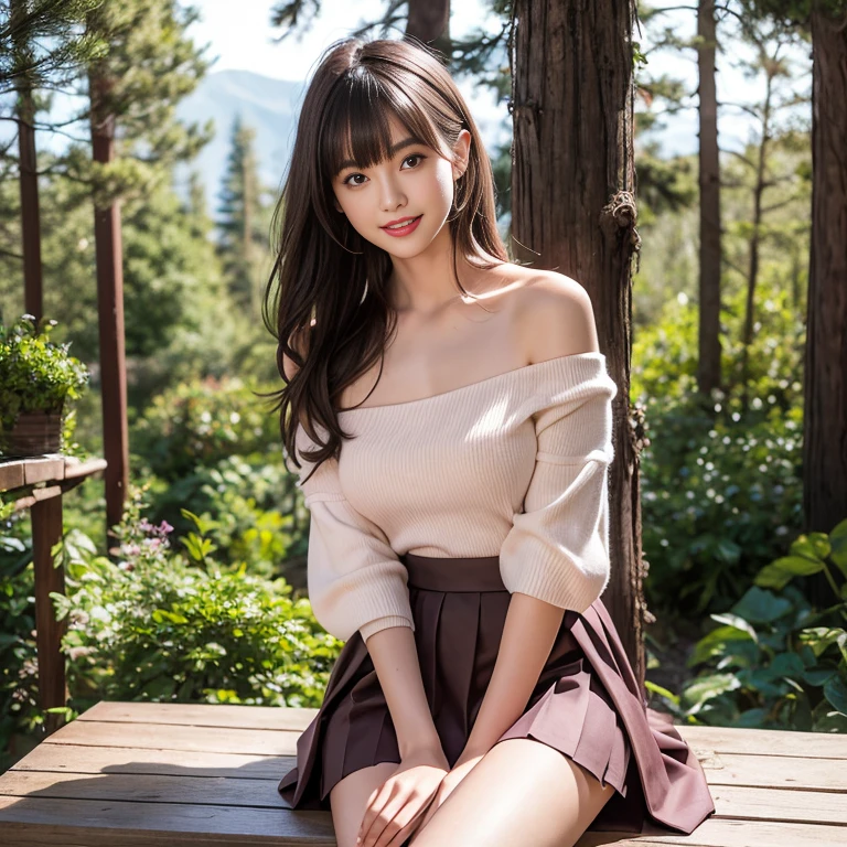 long skirt,skirt,Wearing a pink pleated skirt, Wear black stockings,(knee shot), 1 woman, On the face, laughing out loud, light brown hair, blunt bangs, hair behind ears, Hair over the shoulders, long hair, Slender body type, Super thin face, face slimming, delicate lips, beautiful eyes, Thin blush, Eyes are light brown,Check it out here, (realistic:1.3), Coniferous forest, One person's perspective, 8k, On the table, , Super detailed, high quality, best quality, High resolution, ,Large Breasts,H CUP, off -shoulder top