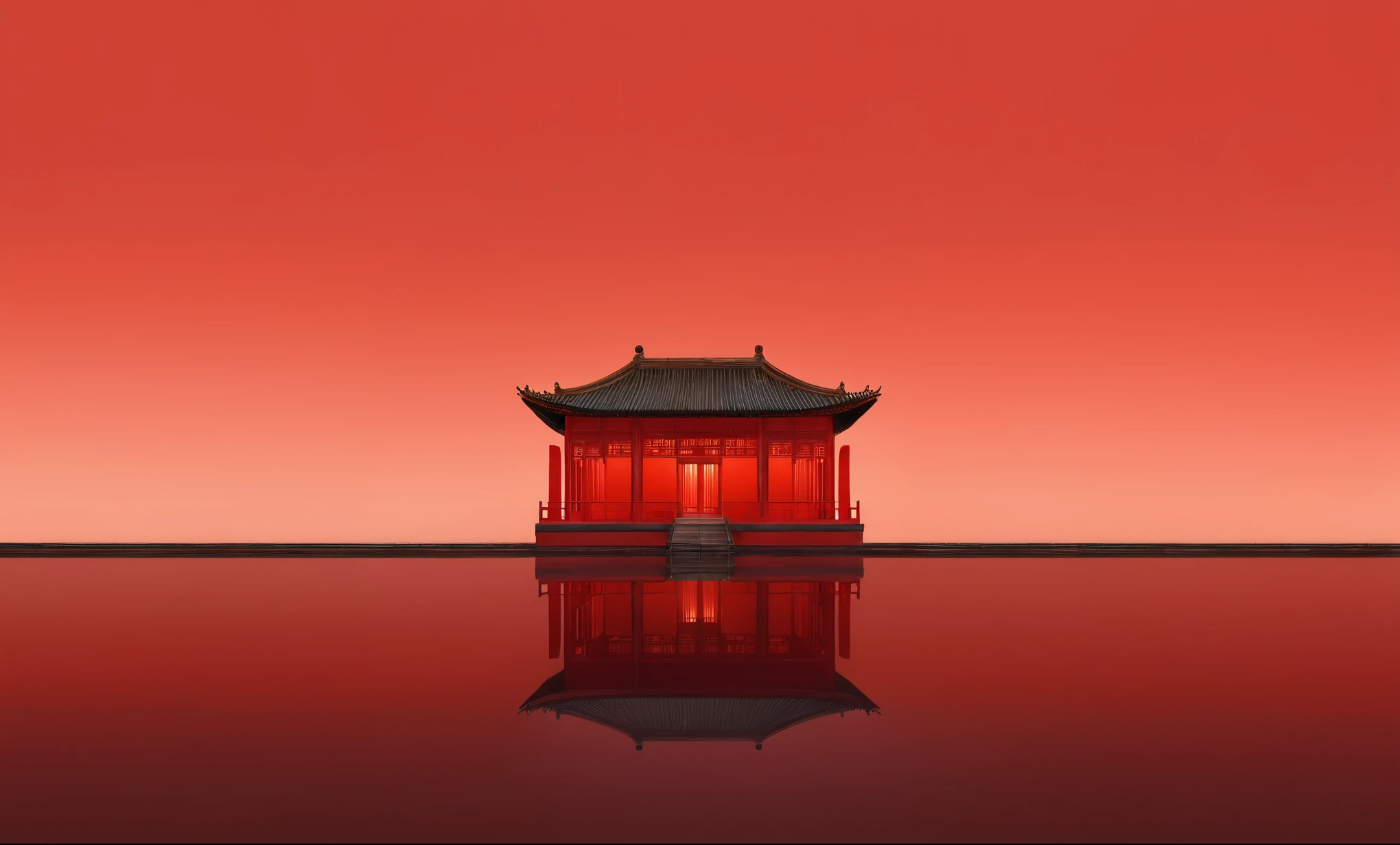 Reflection of red building, zen Temple Background, Quiet,mystery;More complex and concise details; Depicting the background of the temple, Temple Background, Chinese Architecture, red reflections, Chinese Palace, Chinese Architecture, Palace on the water, Beijing, Chinese, 3840x2160, 3840 x 2160;Ultra-clear quality。