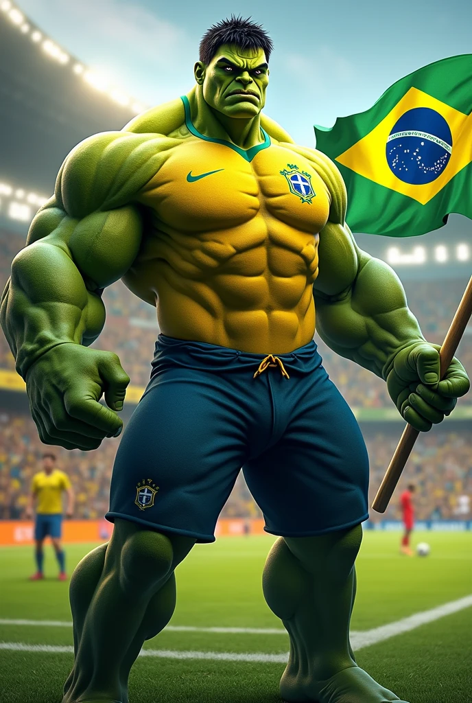 Hulk wearing the Brazilian national team shirt in a football stadium with the Brazilian flag in his hand