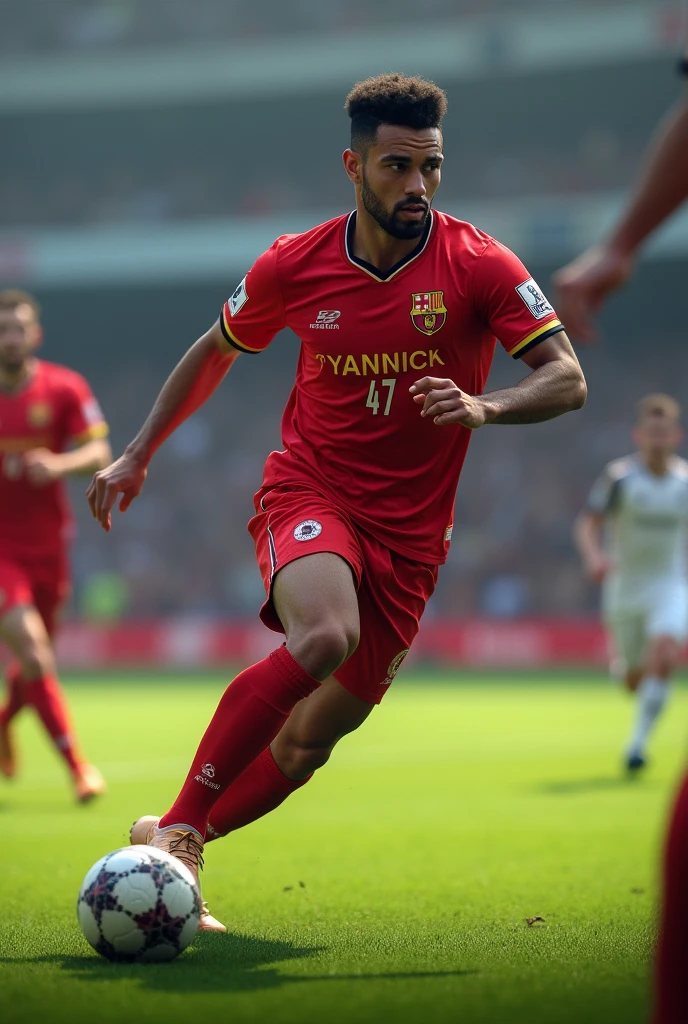 A man is playing soccer on the field, wearing a red jersey with the name Yannick and the number 47.