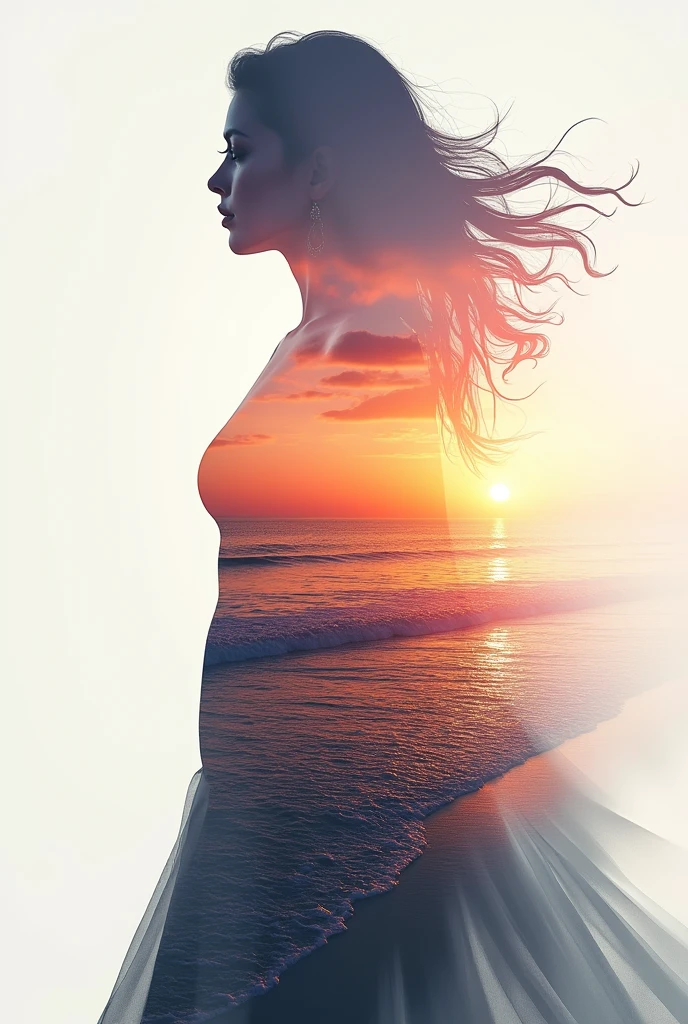 high quality, 8K Ultra HD, A beautiful double exposure that combines an goddess silhouette with sunset coast, sunset coast should serve as the underlying backdrop, with its details incorporated into the goddess , crisp lines, The background is monochrome, sharp focus, double exposure, by yukisakura, awesome full color,