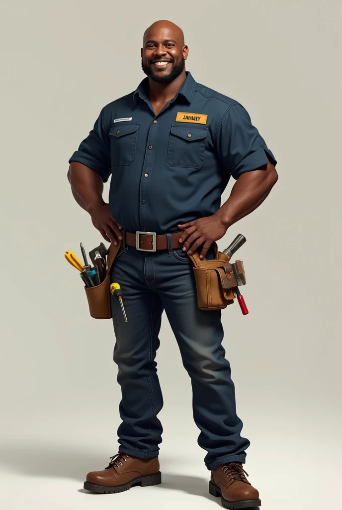 - **cor da pele:** Negro
- **body hair:** Bald - **eyeballs:** smiling - **badass clothing:** Dark blue work shirt, with front pockets and an embroidered name; dark jeans; and safety boots.
- **Accessories:** A tool belt with various tools, like a screwdriver, a hammer and a tape measure.
- **stance:** standing, with one hand on the waist and the other holding a tool.