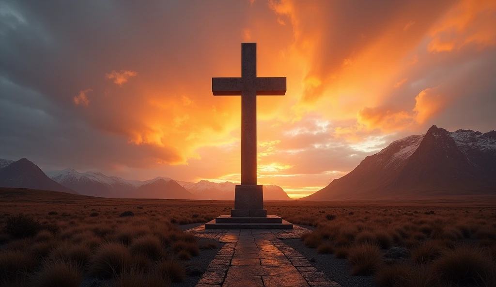A striking photograph showcasing a large cross middle positioned outdoors in a Scandinavian landscape, illuminated by the vibrant hues of sunrise. The scene exudes a dramatic ambiance, accentuating the solemnity and spiritual significance of the cross. Camera Settings: The photograph is meticulously composed with a medium f-stop, ensuring clarity in capturing the intricate details of the large cross and the expansive landscape. The shutter speed is adjusted to seize the dynamic lighting of the sunrise, preserving the dramatic atmosphere of the scene. A low ISO rating maintains image quality, enhancing the richness of colors and textures. Volumetric Lighting: Dramatic sunlight bathes the scene, casting long shadows and creating a captivating play of light and shadow. The golden hues of sunrise infuse the landscape with warmth and depth, emphasizing the symbolic importance of the cross against the backdrop of nature.