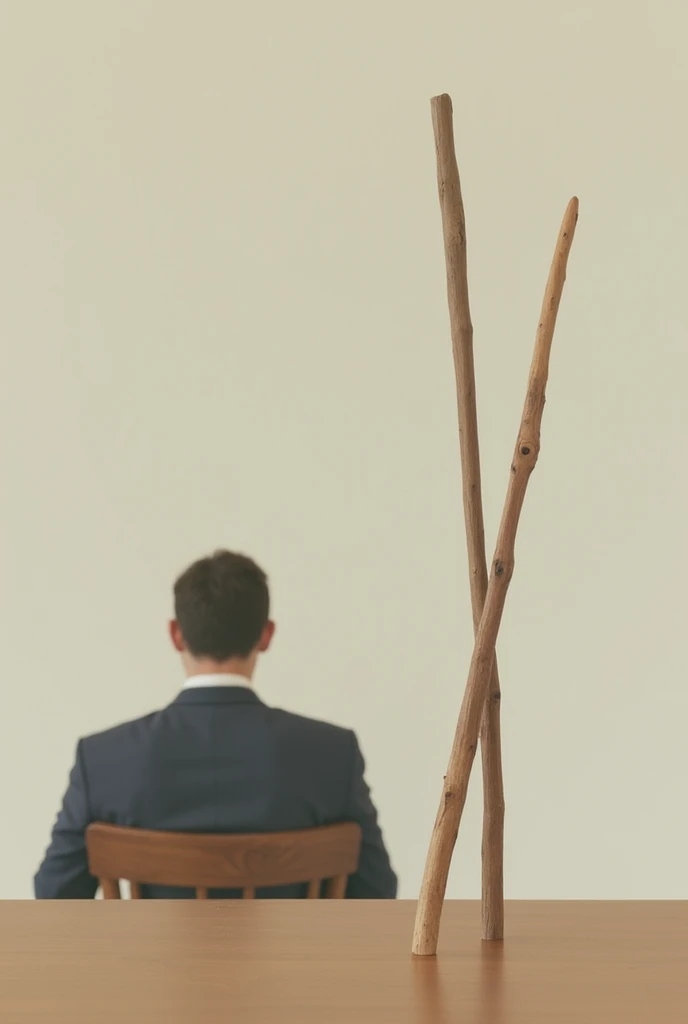 Stick may lean side of the table and a man sitting in a chair behind the table . Make the stick focus. It's a low angle shot