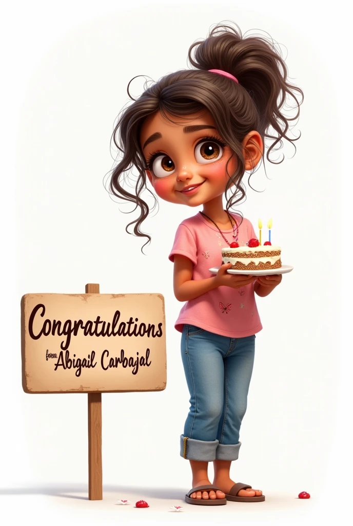 Disney-like image of a girl with big brown eyes, curly hair tied in a braid, holding a cake. She wears jeans and a pink blouse with a butterfly print.. There is a sign on one side that says congratulations from Abigail Carbajal. The background of the image is white