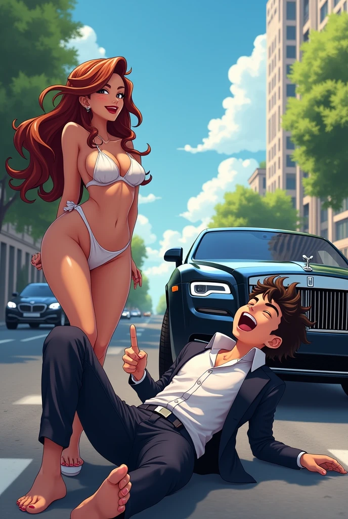 One anime boy laughing at rich guy because of he fall from car and one cute, hot, sexy🥵, showing pussy lady came and help him.