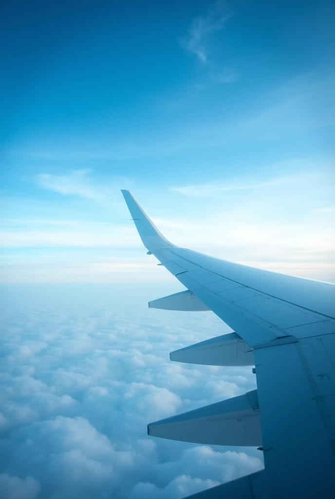 Airplane window showing wing and sky 