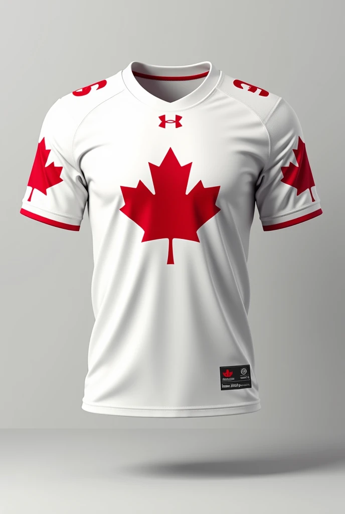 A white Canada football jersey with several maple leaves
